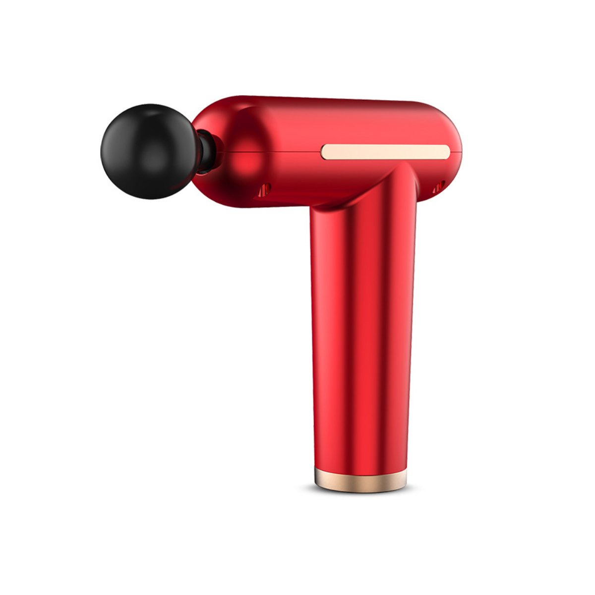Red handheld massage gun with black head on a white background