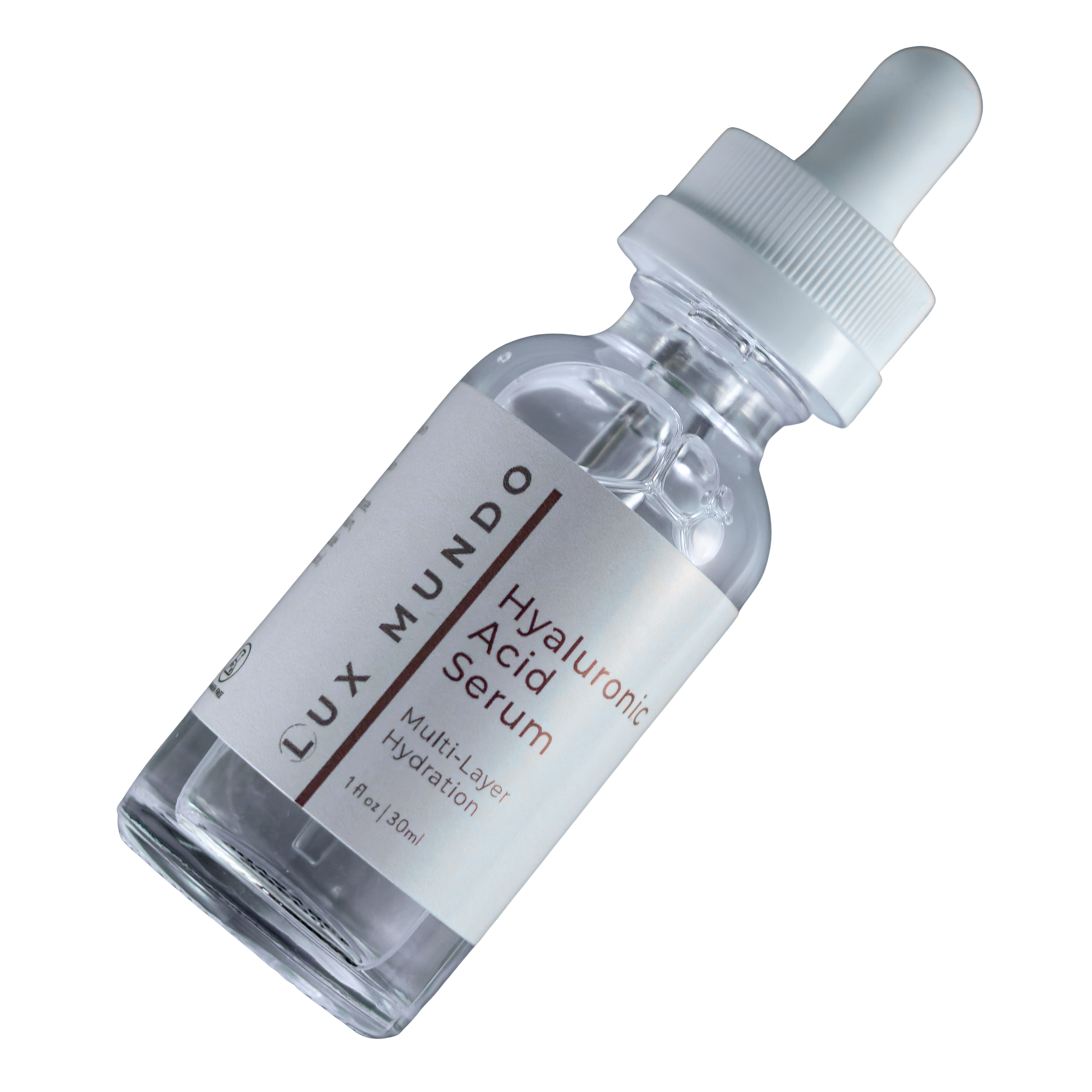 Lux Mundo Hyaluronic Acid Serum bottle with dropper on a white background