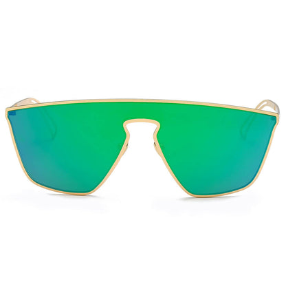 Sunglasses with green lenses and gold frames on a white background