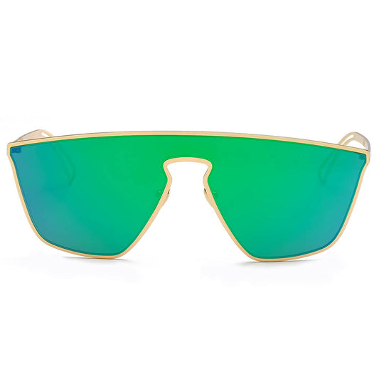 Sunglasses with green lenses and gold frames on a white background