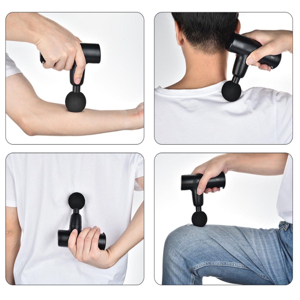 Collage of a handheld massage tool being used on different parts of the body.
