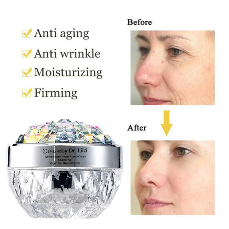 EpiLynx by Dr. Liia Retinol Cream container with anti-aging benefits and before-and-after effects on a face.