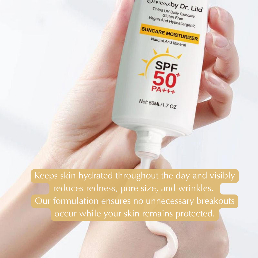 Hand holding a bottle of Dr. Liia sunscreen with text about its benefits on a light background