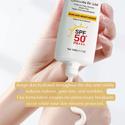 Hand holding a bottle of Dr. Liia sunscreen with text about its benefits on a light background
