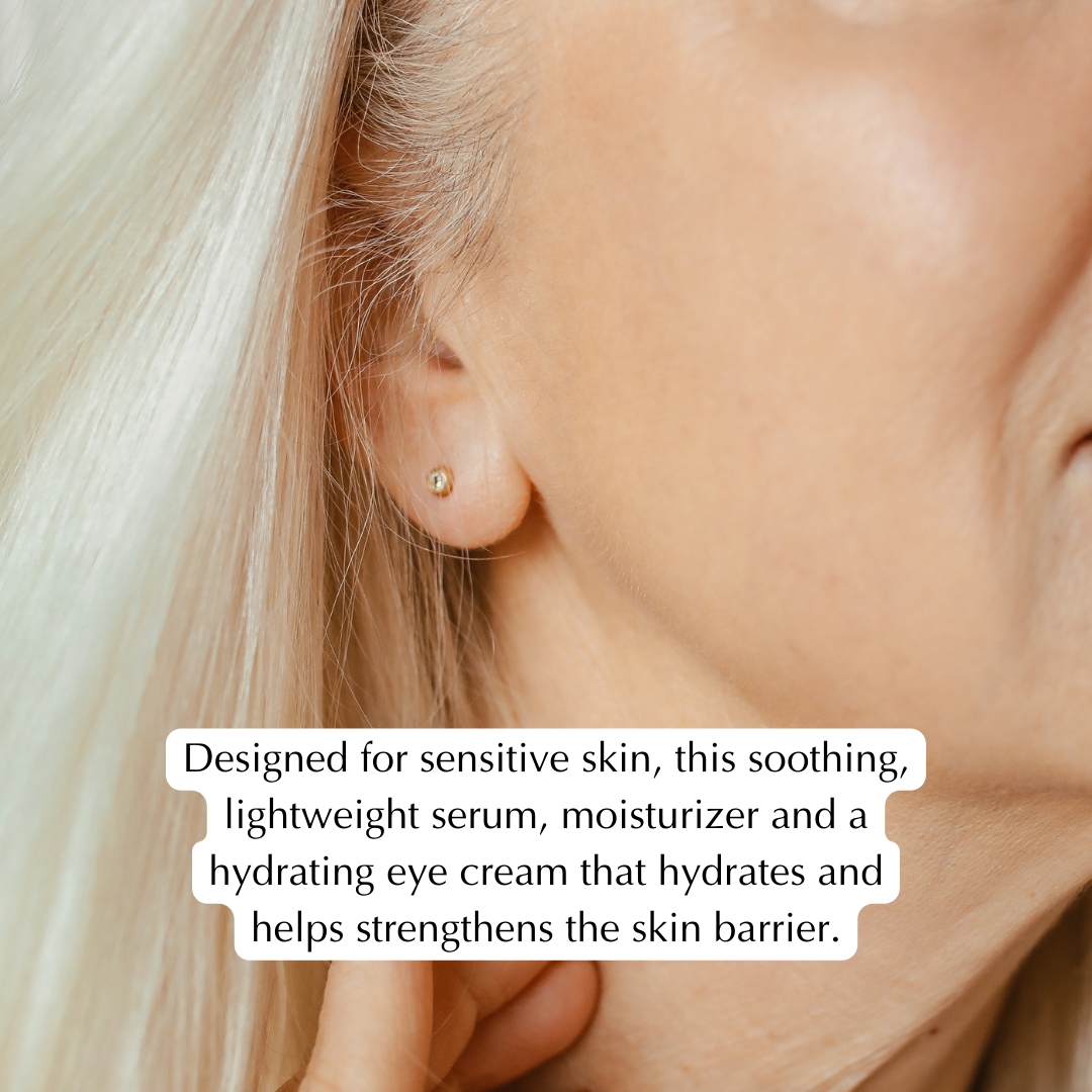 Close-up of a person's ear with an earring, focusing on skincare product description text.