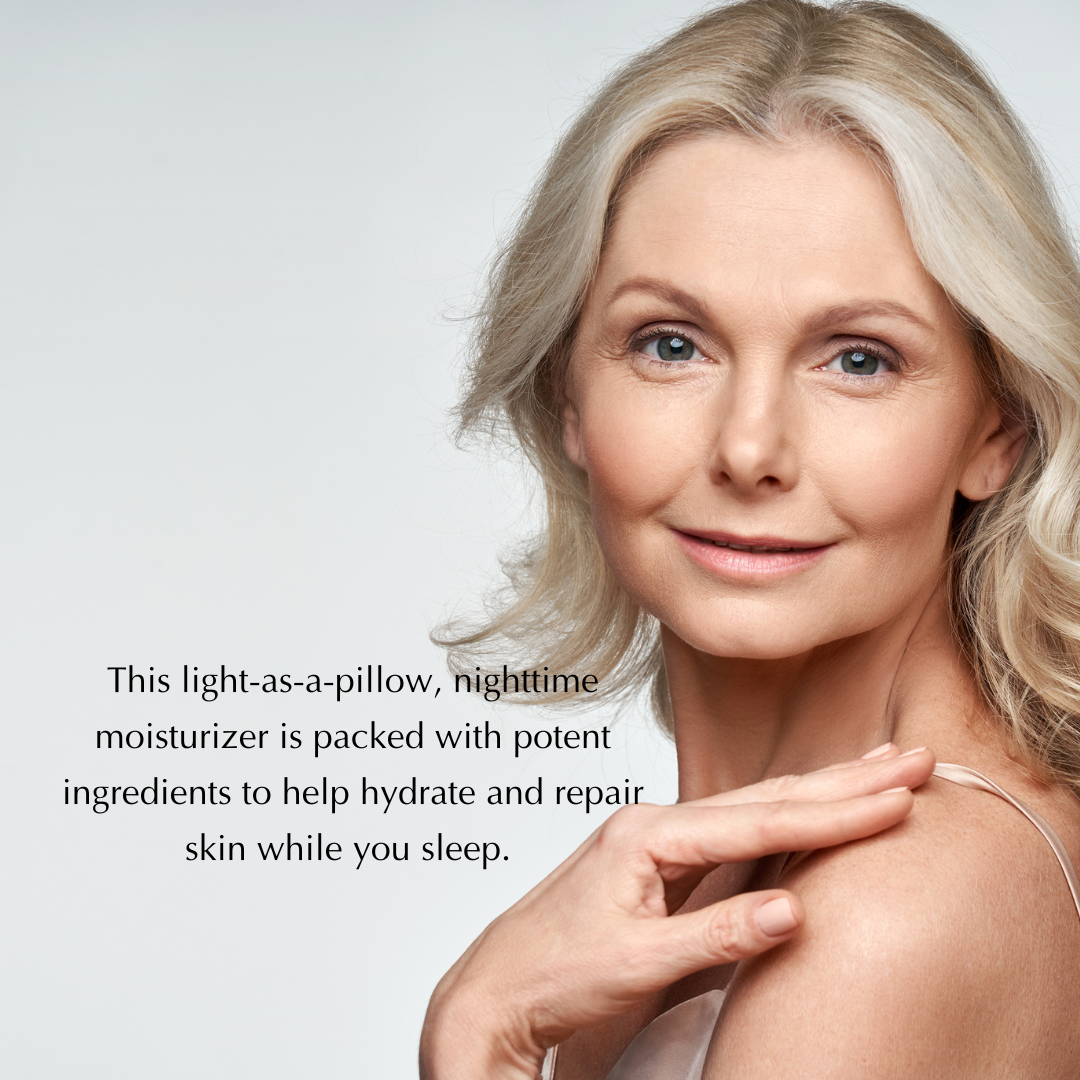 Woman with smooth skin on a light gray background with text about nighttime moisturizer.