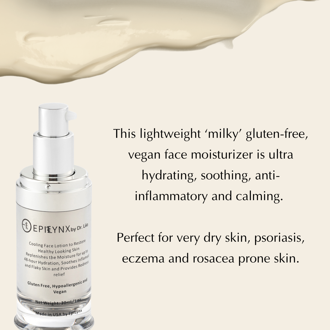 EpiLynx by Dr. Liia Skincare bottle with text about a milky face moisturizer on a beige background