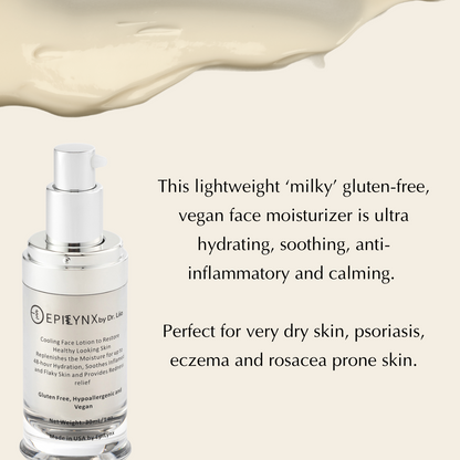 EpiLynx by Dr. Liia Skincare bottle with text about a milky face moisturizer on a beige background