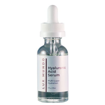 Lux Mundo Hyaluronic Acid Serum bottle with dropper on a white background