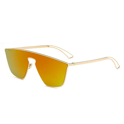 Gold-framed sunglasses with orange-tinted lenses on a white background