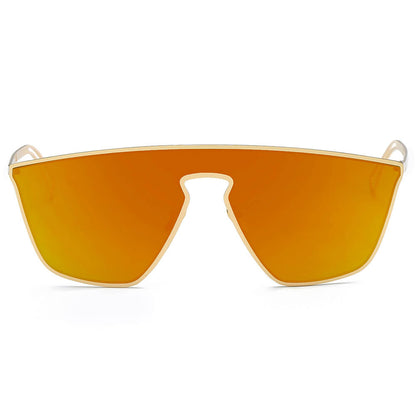 Sunglasses with orange lenses and gold frames on a white background