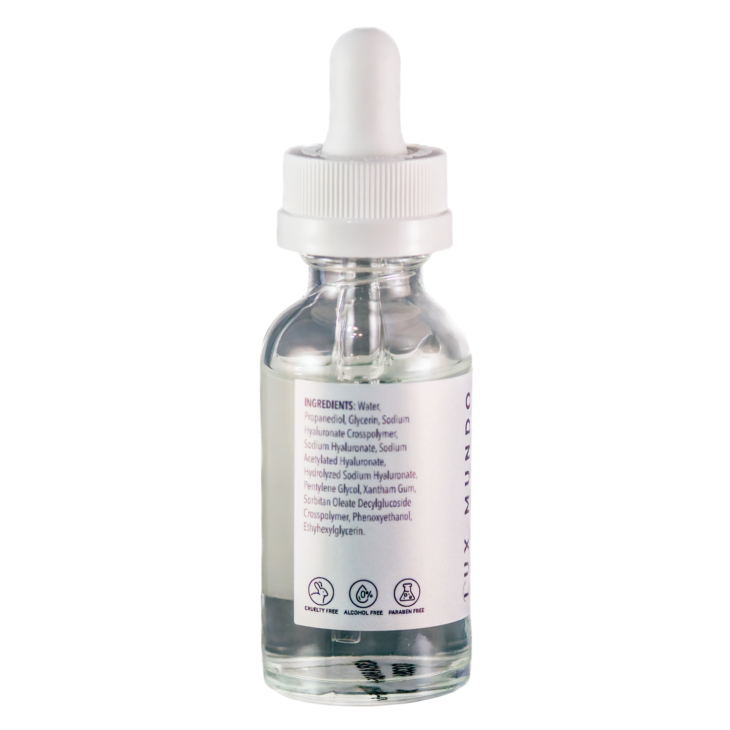 Clear glass bottle with dropper containing Lux Mundo's Hyaluronic Acid - labeled Ingredients on a white background