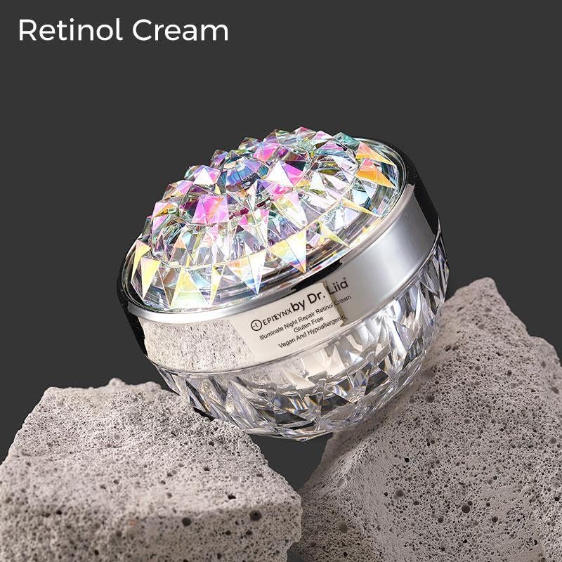 Crystal jar of retinol cream on a textured surface with Epi Lynx 'Retinol Cream'  by Dr. Liia text above.