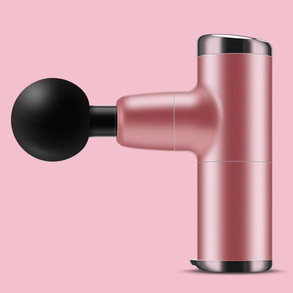 Pink handheld massager with black handle on a pink background