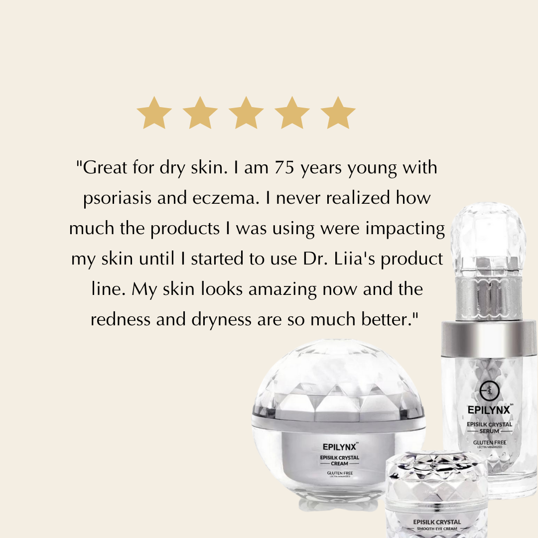 Dr. Liia skincare products with a five-star rating and customer testimonial on a beige background.