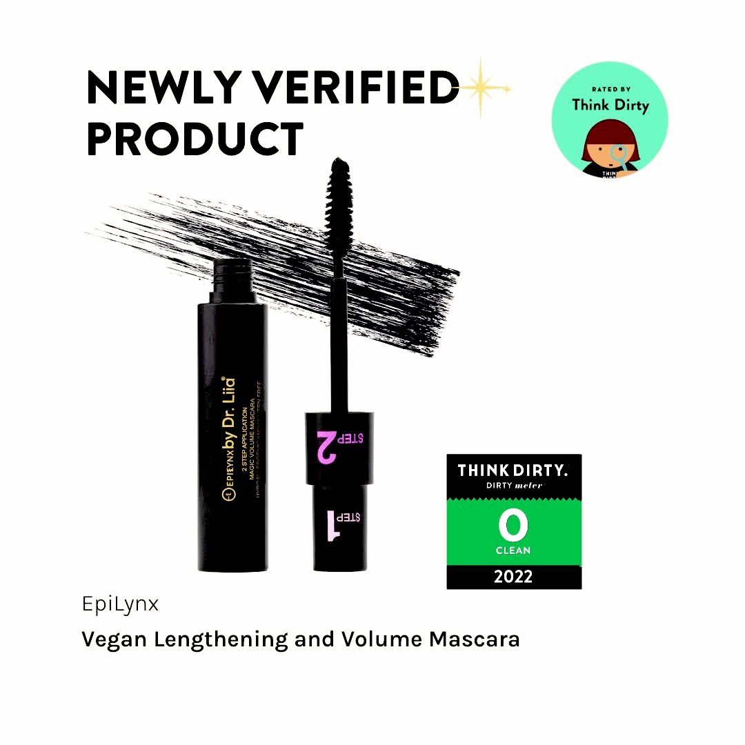 EpiLynx Vegan Lengthening and Volume Mascara with product packaging and certification logos on a white background.