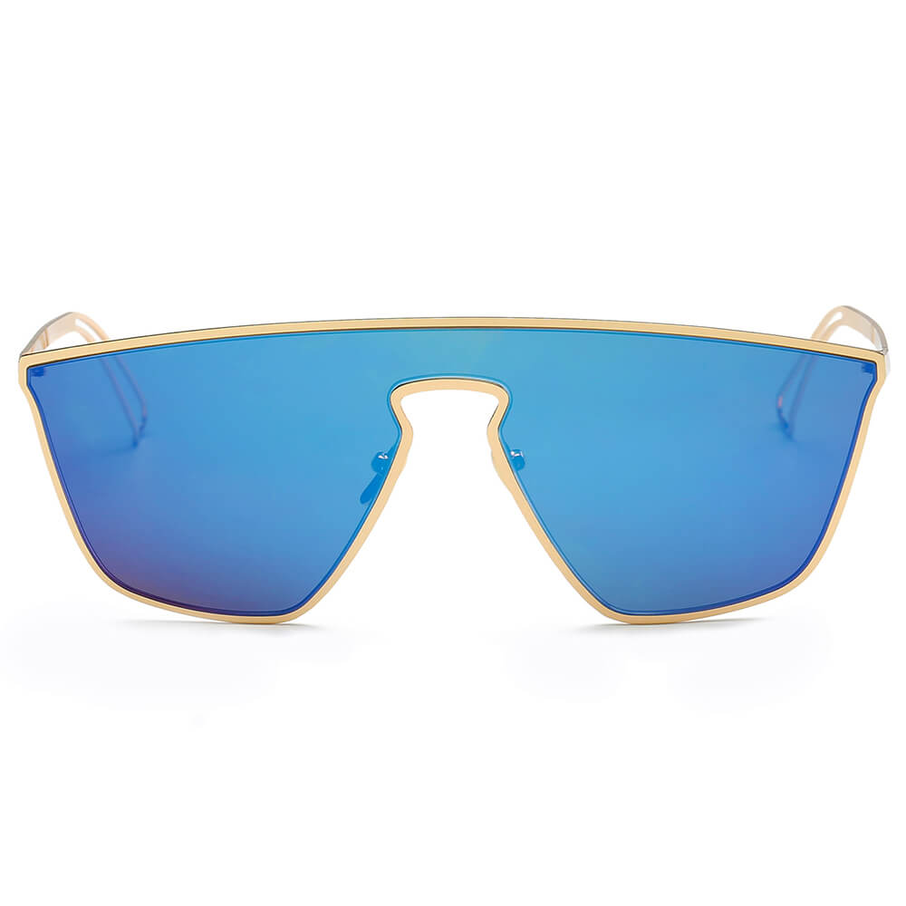 Sunglasses with blue lenses and gold frame on a white background