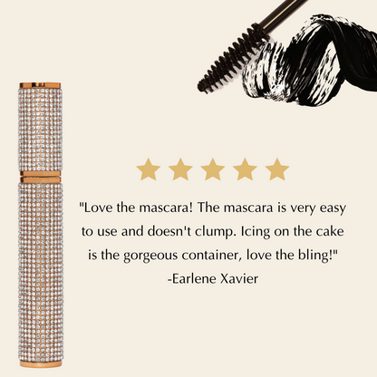 Mascara with decorative container and user review on a beige background