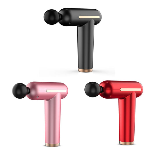 Three handheld massage devices in black, pink, and red on a white background