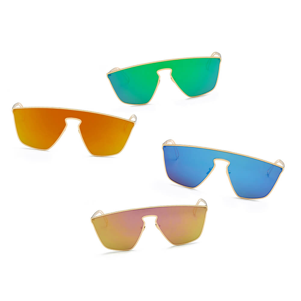 Three pairs of sunglasses with different colored lenses on a white background