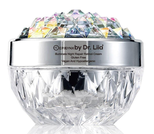 Crystal jar with colorful lid labeled 'Epi Lynx by Dr. Liia' on a white background