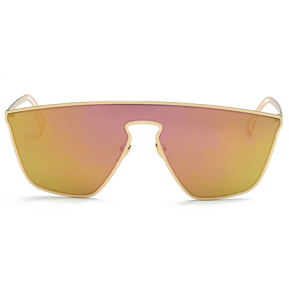 Gold-framed sunglasses with pink-tinted lenses on a white background