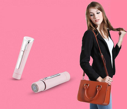 Woman holding a brown handbag with hair styling products on a pink background