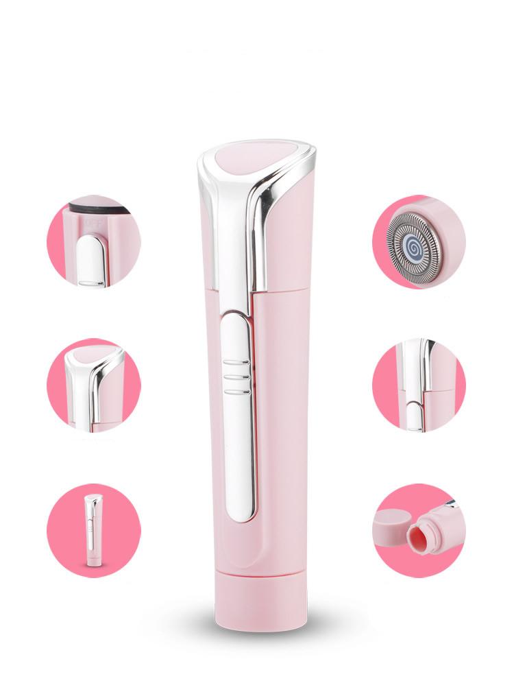 Pink and silver electronic shaving device with multiple components on a white background