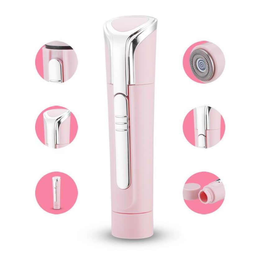 Pink and silver multi-tool shaver with detachable components on a white background