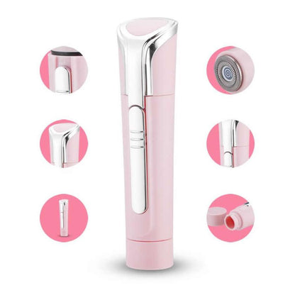 Pink and silver multi-tool shaver with detachable components on a white background