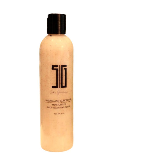 5GJojoba and Almond Oil Moisturizer Body Wash and Scrub bottle with beige body and black cap on a white background