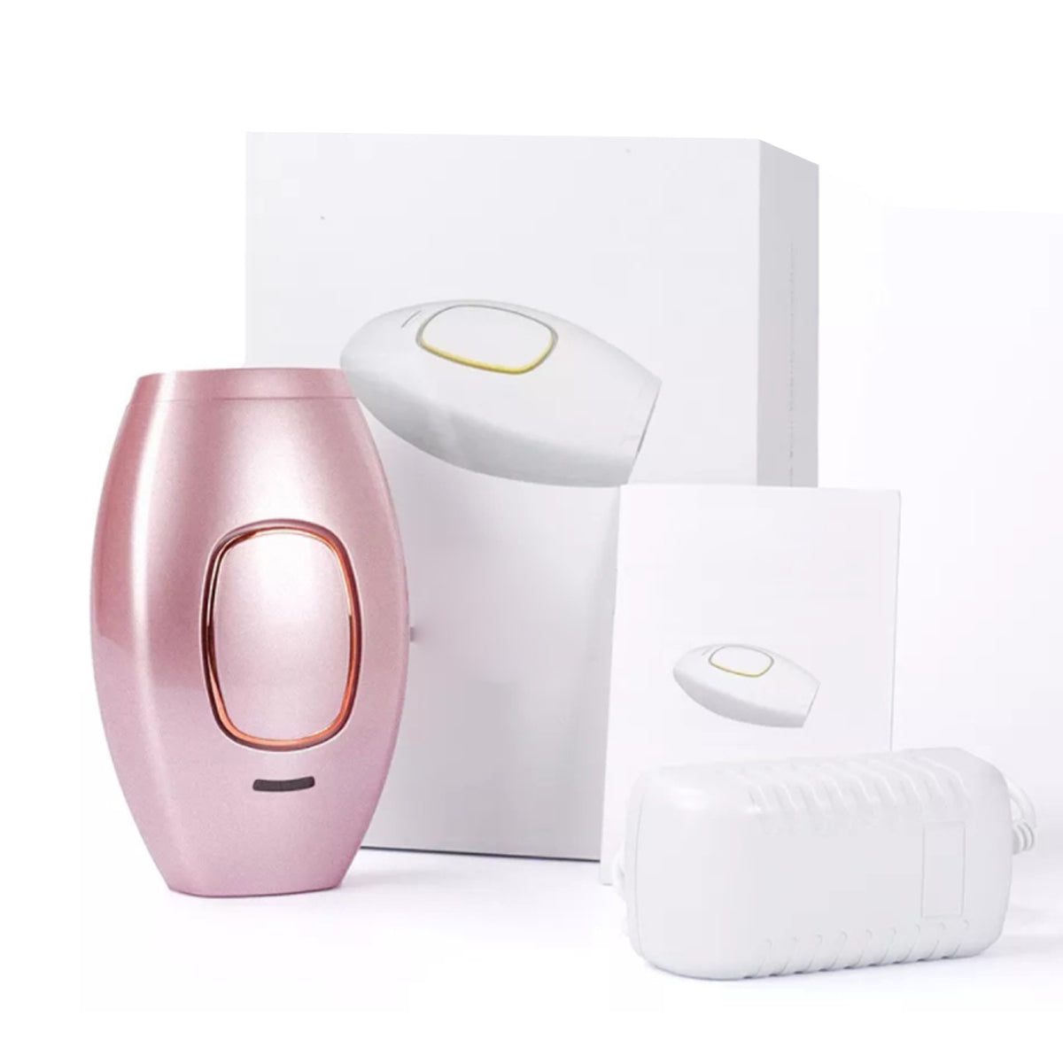 Pink and white electronic devices on a white background