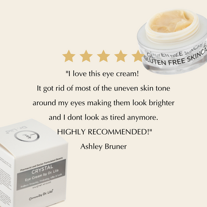 EpiSilk Eye cream jar and box with a five-star review on a white background