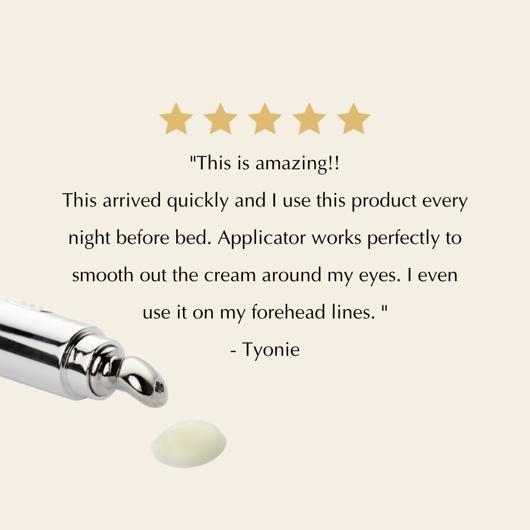 Product review for the Dr.  Liia anti-wrinkle eye cream with five-star rating and user testimonial on a beige background