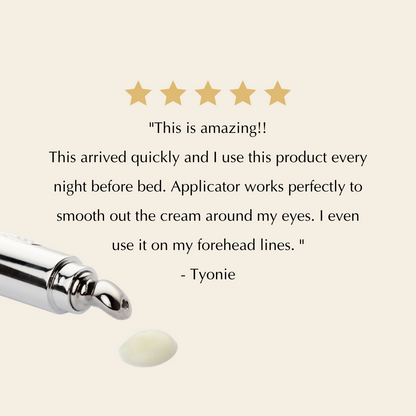 Product review for the Dr.  Liia anti-wrinkle eye cream with five-star rating and user testimonial on a beige background