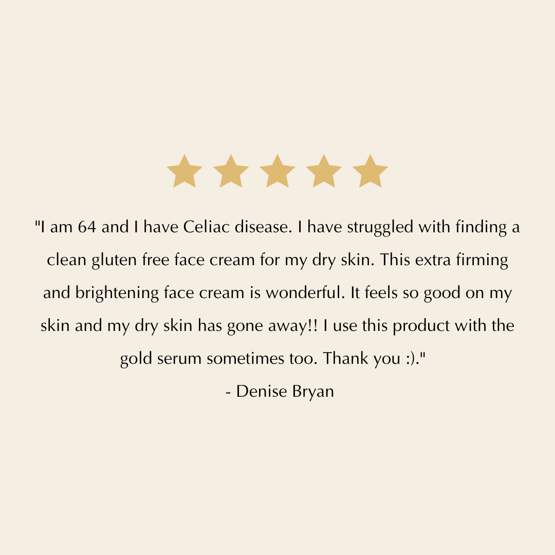 Five-star rating with a review text on a beige background