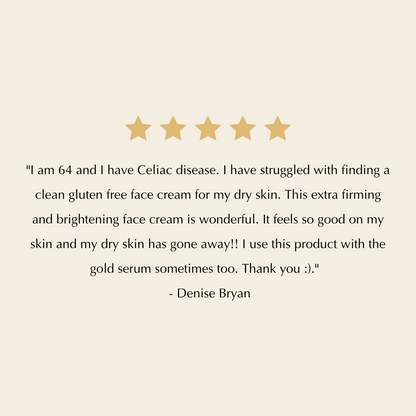 Five-star rating with a review text on a beige background