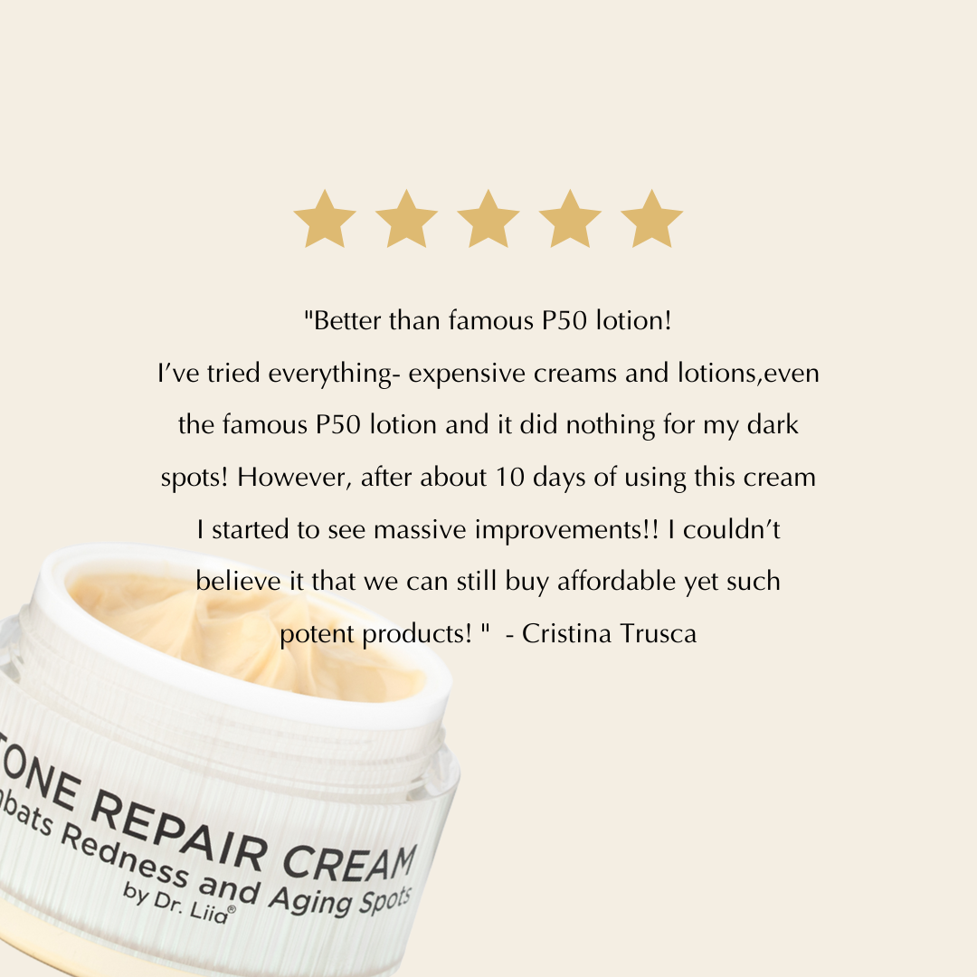 Dr. Lida Tone Repair Cream with five-star rating and customer review on a beige background