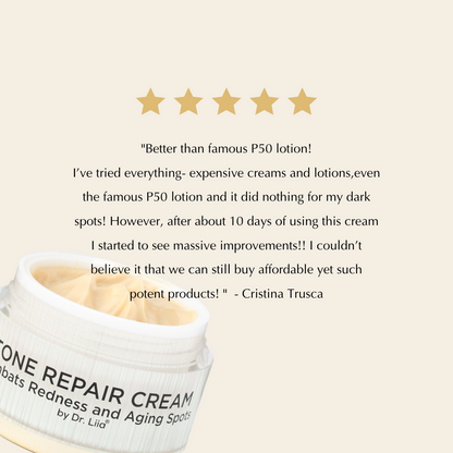 Dr. Lida Tone Repair Cream with five-star rating and customer review on a beige background