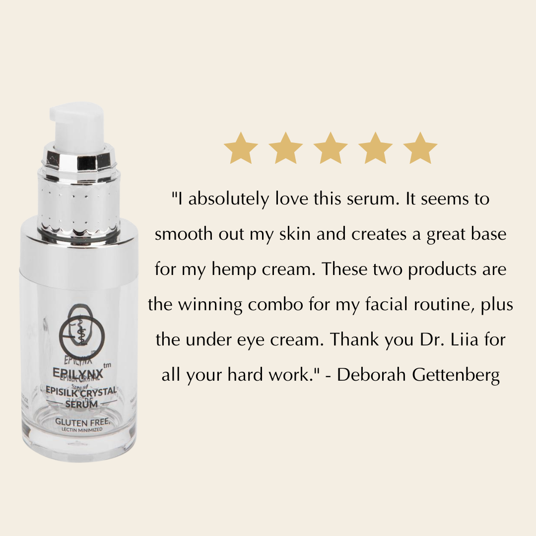 Epilynx crystal serum bottle with five-star rating and customer review on a beige background