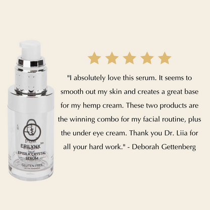 Epilynx crystal serum bottle with five-star rating and customer review on a beige background