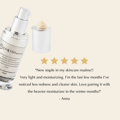 EpiLynx by Dr. Liia Skincare products with a five-star rating and customer review on a beige background