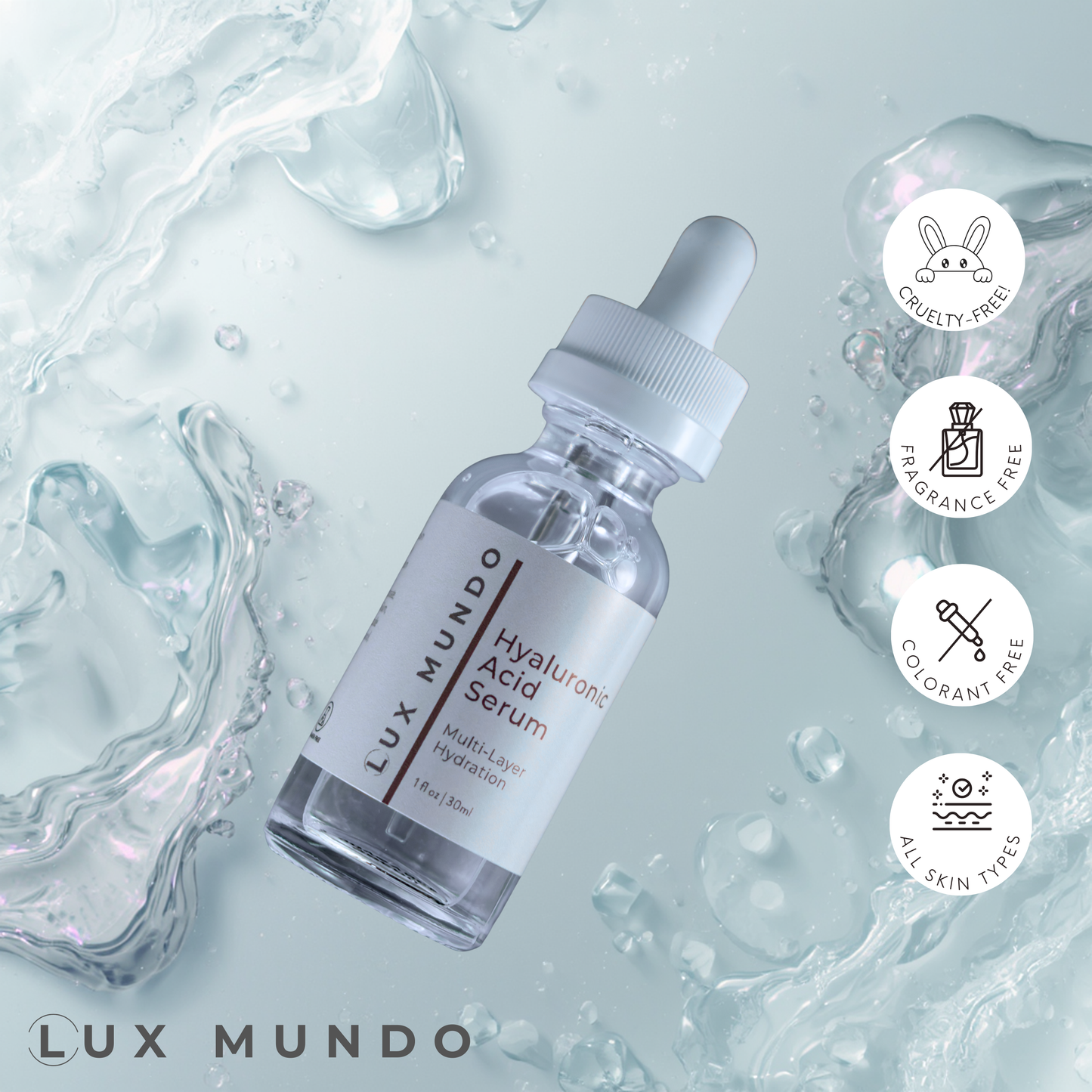 Lux Mundo Hyaluronic Acid Serum multi-layer hydration skincare, in a glass bottle with dropper.