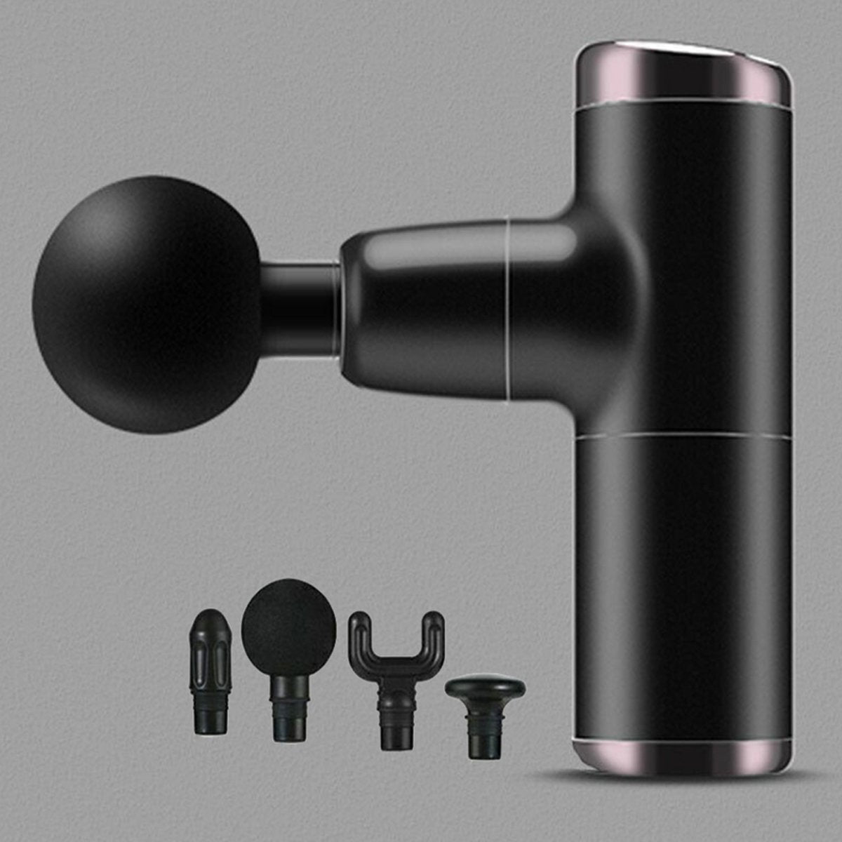 Black handheld massage gun with attachments on a gray background