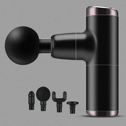 Black handheld massage gun with attachments on a gray background