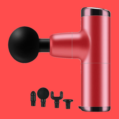 Red massage gun with black attachments on a red background