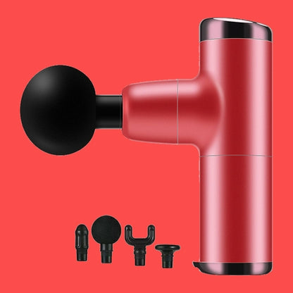 Red massage gun with black attachments on a red background