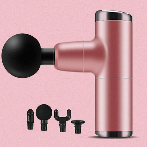 Pink handheld massager with black attachments on a pink background