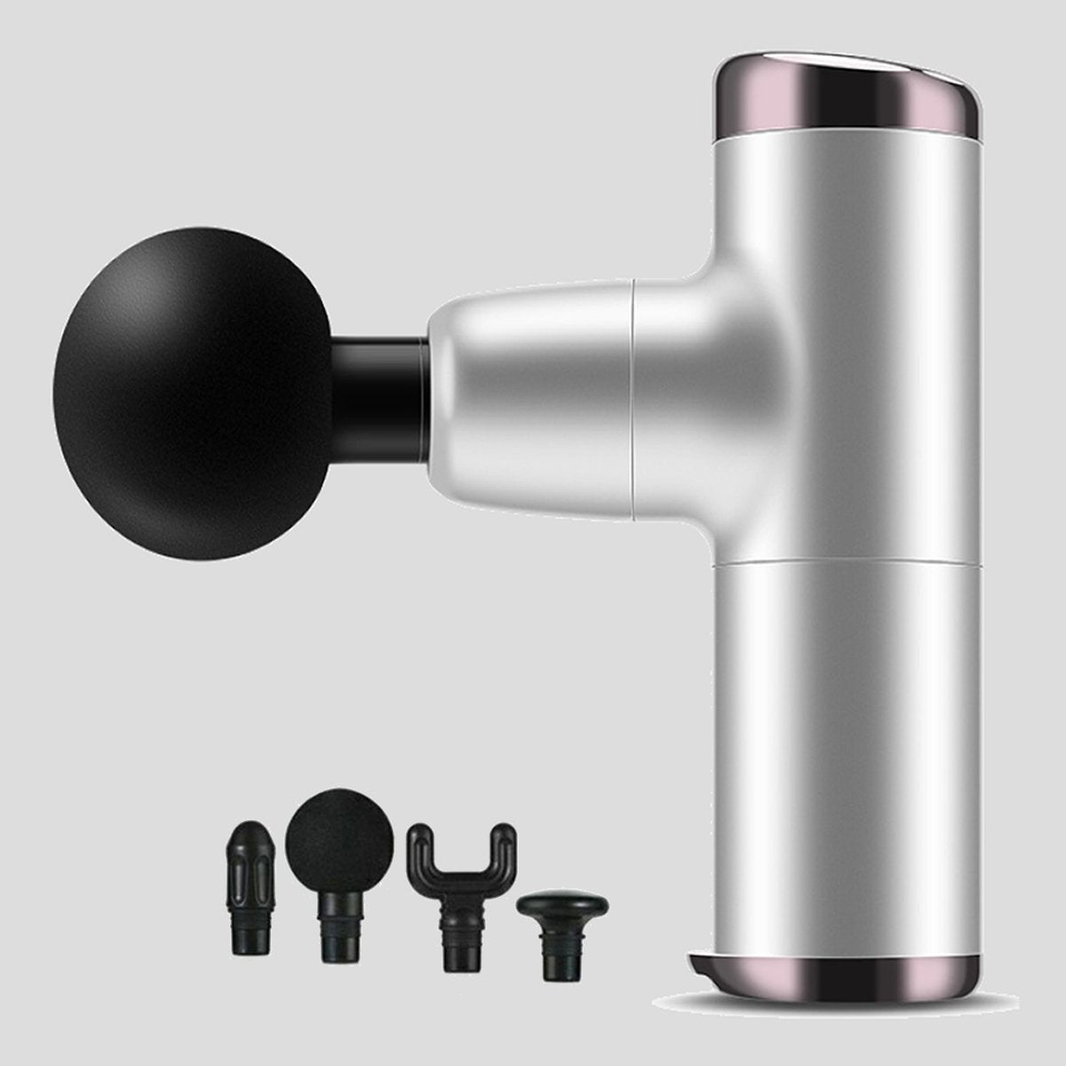 Handheld massage gun with attachments on a light gray background