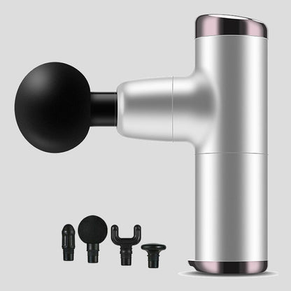 Handheld massage gun with attachments on a light gray background